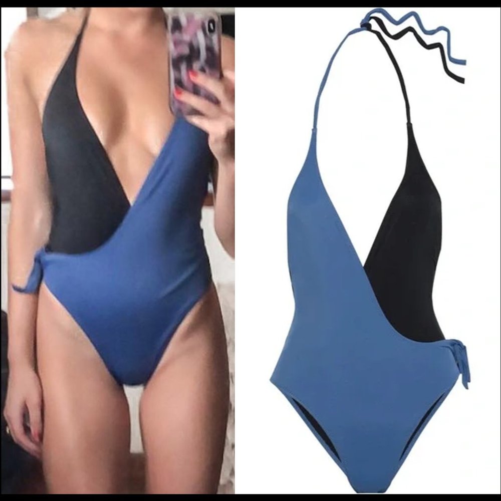 New Solid & Striped Matilde contrast colorblock deep v-neck high cut swimsuit